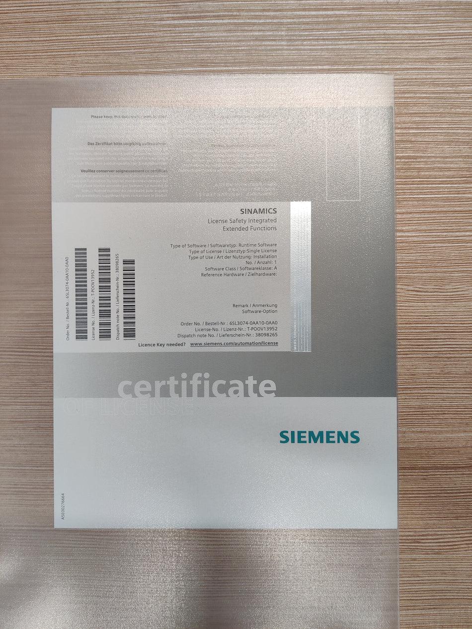Siemens SINAMICS Lizenz (Papier) Nr. 6SL3074-0AA10-0AA0