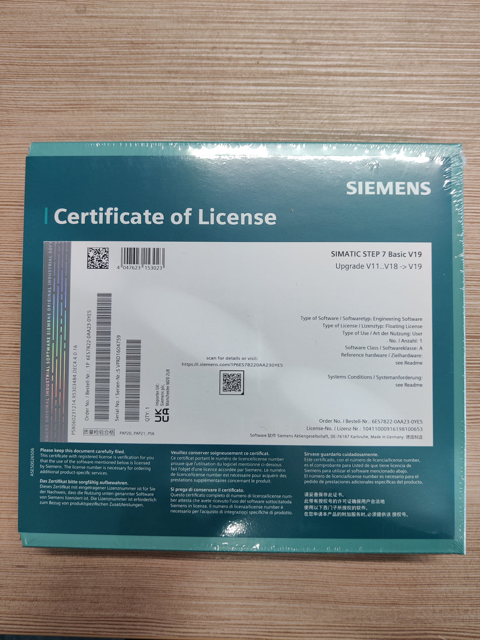 Siemens SIMATIC STEP 7 Basic V19, Upgrade V11..V18-> V19 Floating License Nr. 6ES7822-0AA23-0YE5