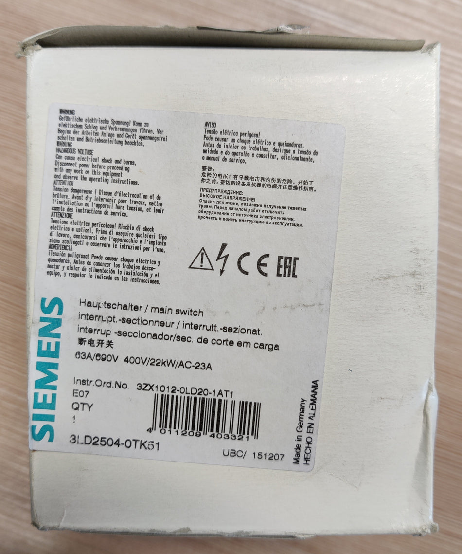 Siemens SENTRON, Lasttrennschalter 3LD, Hauptschalter  Nr. 3LD2504-0TK51