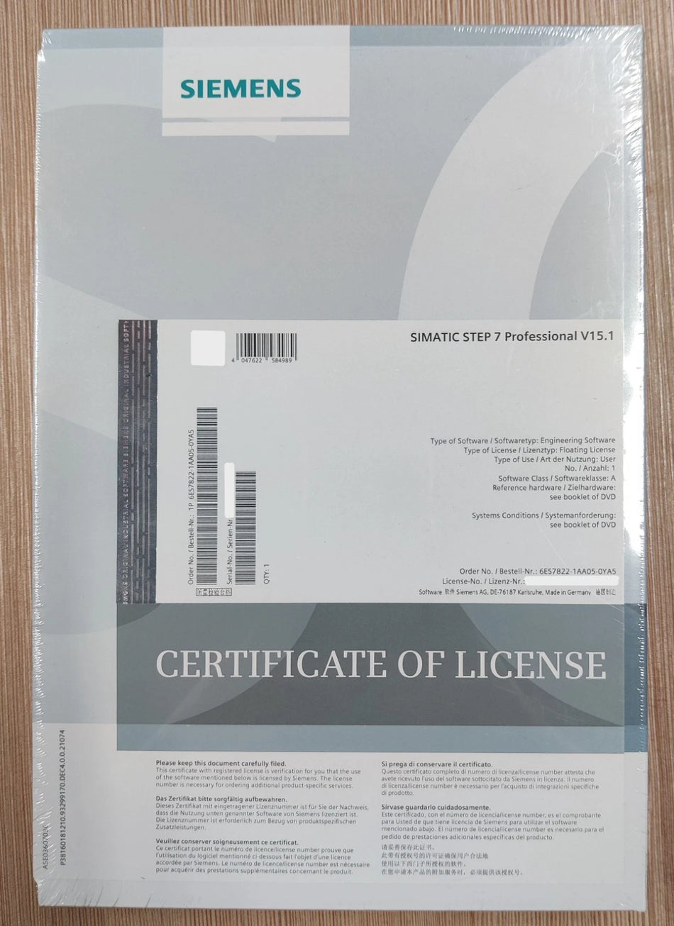 SIMATIC STEP 7 Prof. V15.1, Floating License     Nr. 6ES7822-1AA05-0YA5