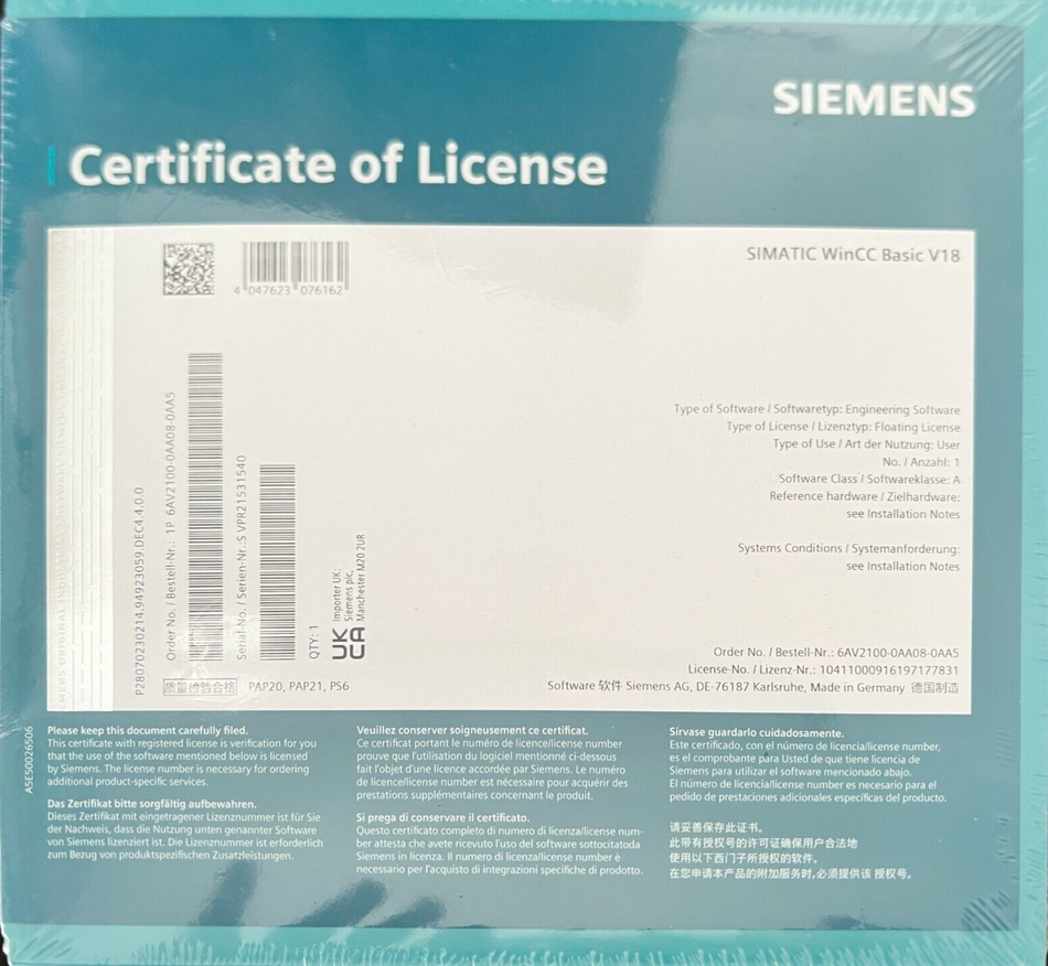 Siemens SIMATIC WinCC Basic V18  Nr. 6AV2100-0AA08-0AA5